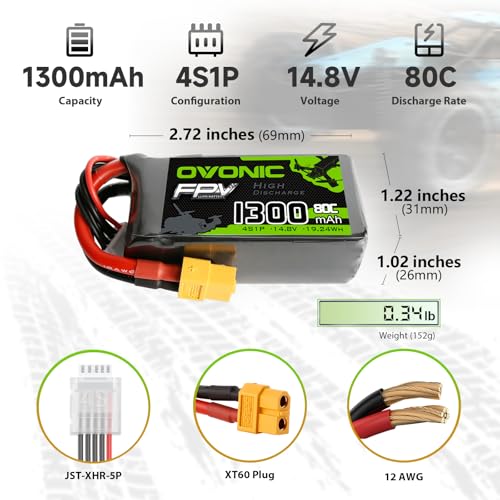 OVONIC 4S Lipo Battery 80C 1300mAh 14.8V Lipo Battery with XT60 Connector for RC FPV Racing Drone Quadcopter - Image 2