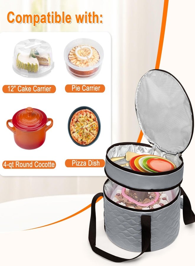 Trunab Round Casserole Carrier 12 inch, Insulated Pie Carrier Bag for Transport, Food Carrier for Cakes, Pies and Dishes, Double-layer Design, with Extra Pocket for Cutlery - Image 2