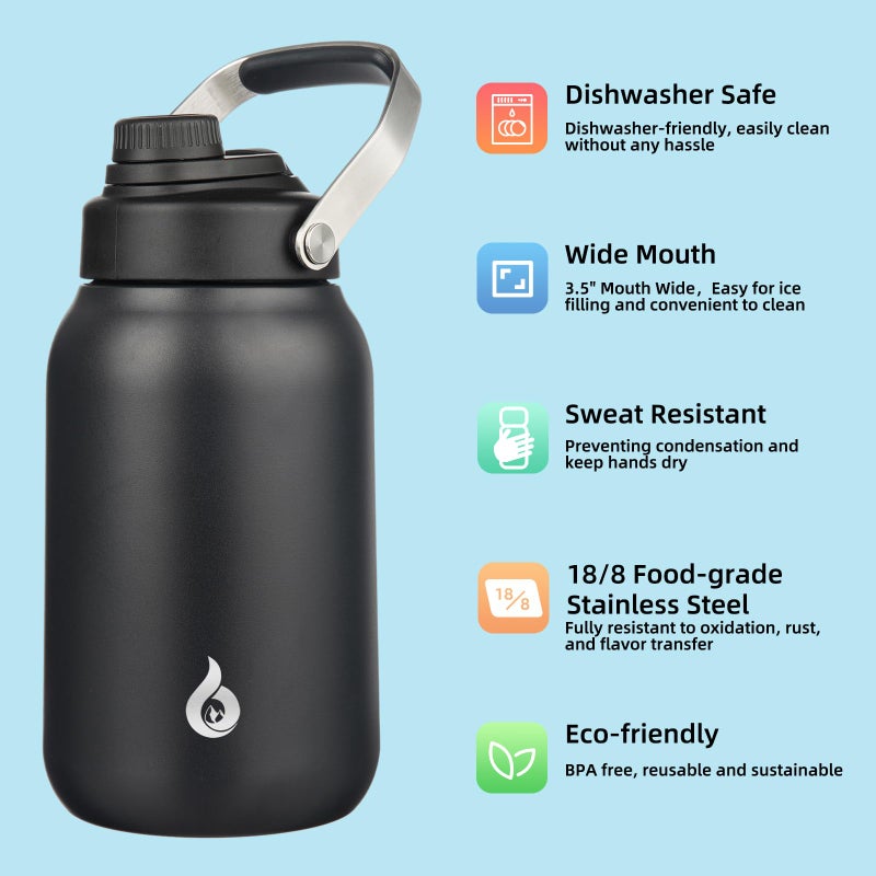 BJPKPK Half Gallon Insulated Water Bottles, 64oz Water Jug with Metal Handle & BPA Free Spout Lid, Dishwasher Safe Thermos, Large Stainless Steel Gym Sport Jugs, Black - Image 2