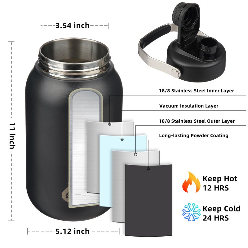 BJPKPK Half Gallon Insulated Water Bottles, 64oz Water Jug with Metal Handle & BPA Free Spout Lid, Dishwasher Safe Thermos, Large Stainless Steel Gym Sport Jugs, Black - Image 3