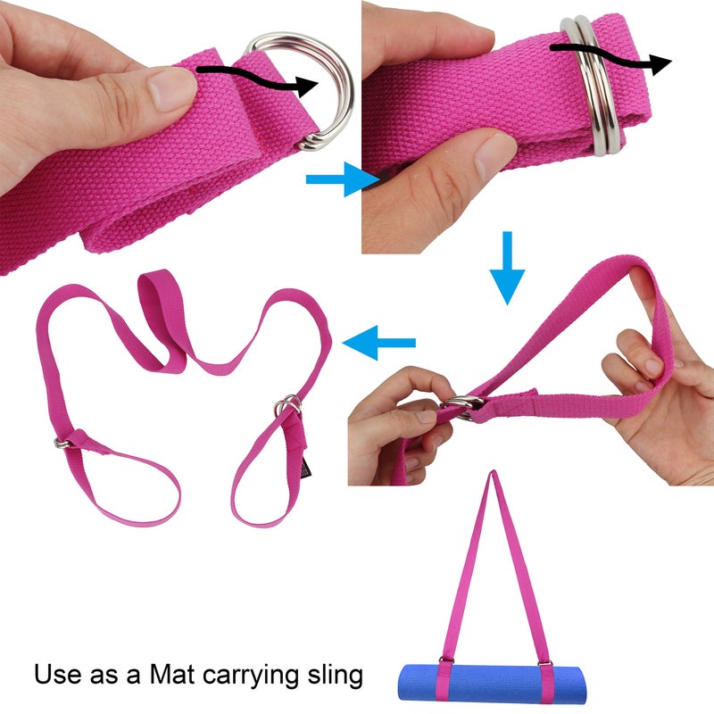 Wisdompro Yoga Strap Stretch Band, 6 Feet with 4 Adjustable Metal D-Ring Buckle Loop, Durable Yoga Mat Carrier Sling Exercise & Fitness Stretching for Yoga, Pilates, Dance, Gym Workouts - Hot Pink - Image 2