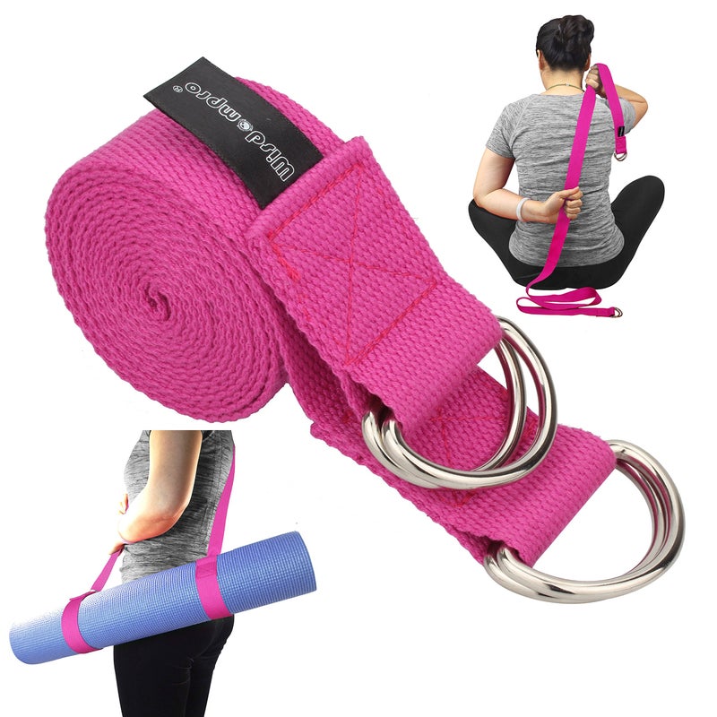 Wisdompro Yoga Strap Stretch Band, 6 Feet with 4 Adjustable Metal D-Ring Buckle Loop, Durable Yoga Mat Carrier Sling Exercise & Fitness Stretching for Yoga, Pilates, Dance, Gym Workouts - Hot Pink - Image 1