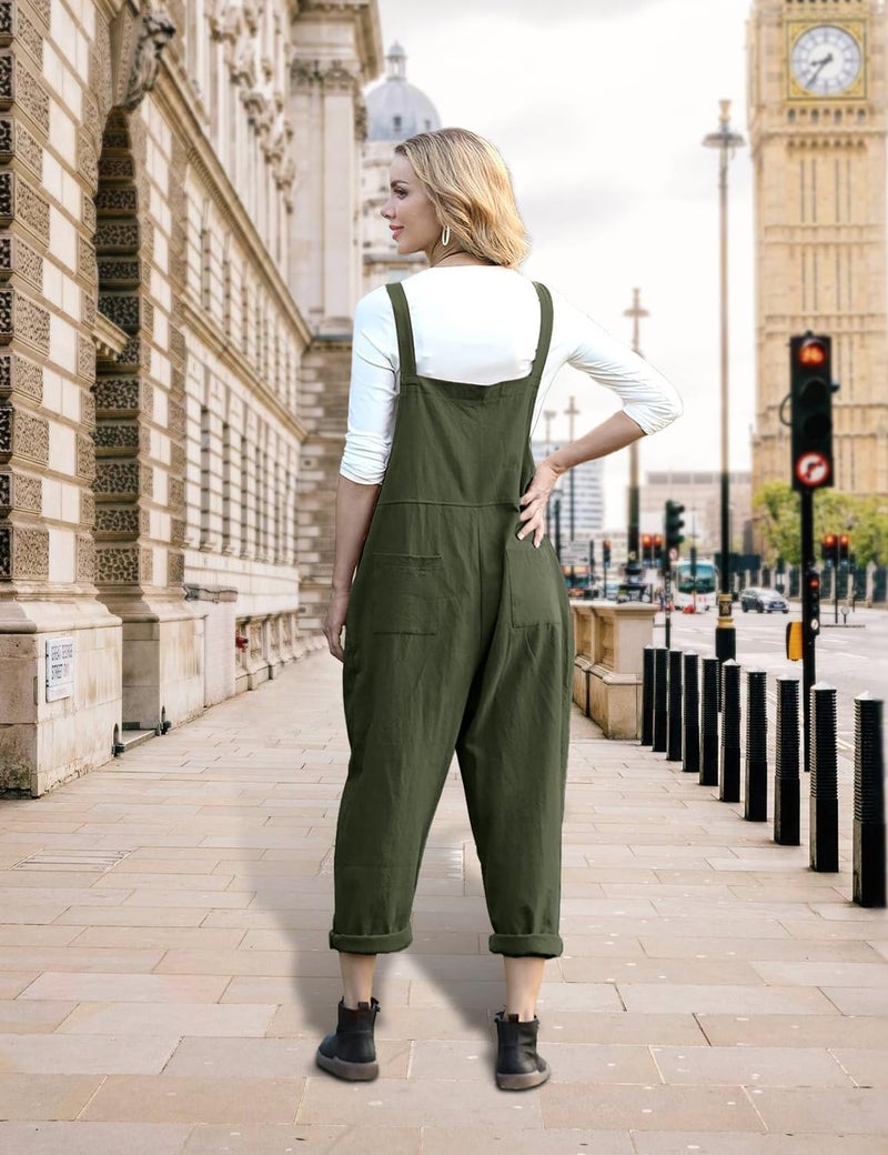 YESNO Women Long Casual Loose Bib Pants Overalls Baggy Rompers Jumpsuits with Pockets (XL PV9 Ash Green) - Image 4