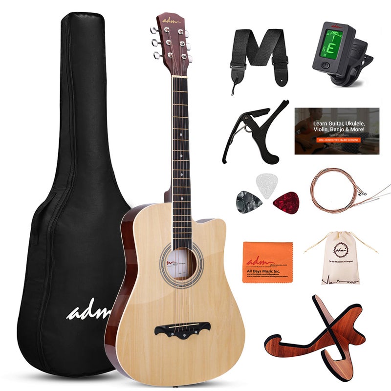 ADM 38" Inch Acoustic Guitar Bundle for Beginners Adults with Online Lesson, Cutaway Wood Acustica Guitarra Starter Set Package with Gig Bag, Strap, Steel Strings, Picks, Capos, Stand, Natural - Image 1