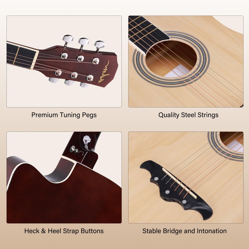 ADM 38" Inch Acoustic Guitar Bundle for Beginners Adults with Online Lesson, Cutaway Wood Acustica Guitarra Starter Set Package with Gig Bag, Strap, Steel Strings, Picks, Capos, Stand, Natural - Image 4
