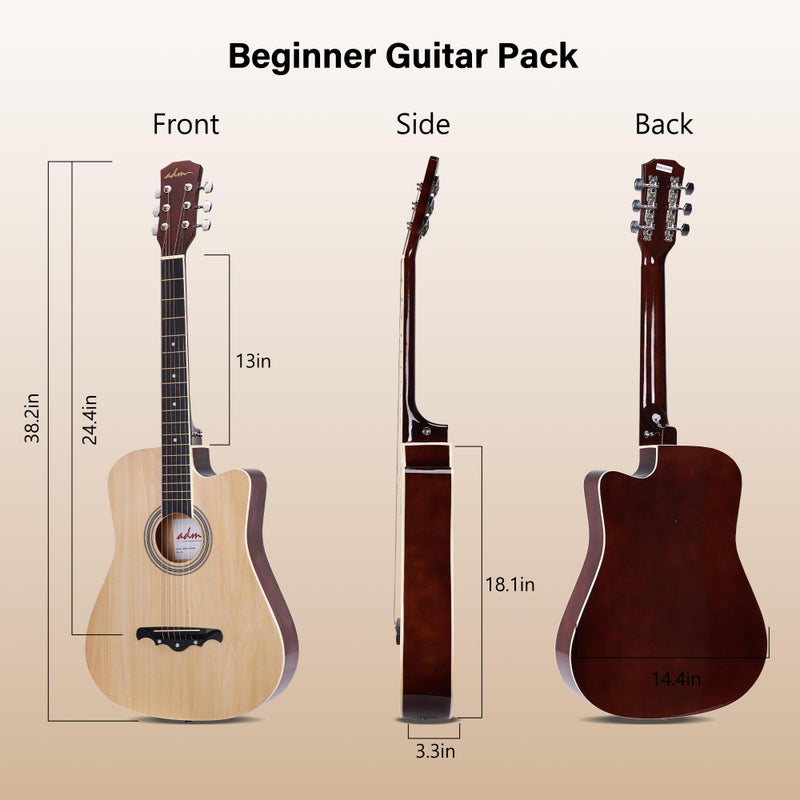 ADM 38" Inch Acoustic Guitar Bundle for Beginners Adults with Online Lesson, Cutaway Wood Acustica Guitarra Starter Set Package with Gig Bag, Strap, Steel Strings, Picks, Capos, Stand, Natural - Image 3