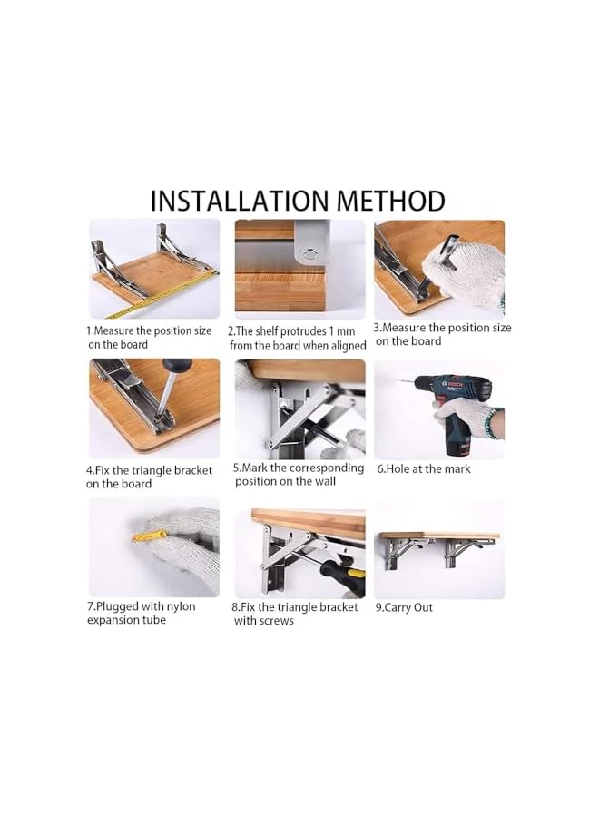 The Bros 12 Inch Folding Shelf Brackets, Pack of 2, Wall Mounted Triangle Bracket, Heavy Duty Stainless Steel Collapsible Shelf Bracket for for Shelf and Table Work Bench, Space Saving DIY Bracket - Image 3