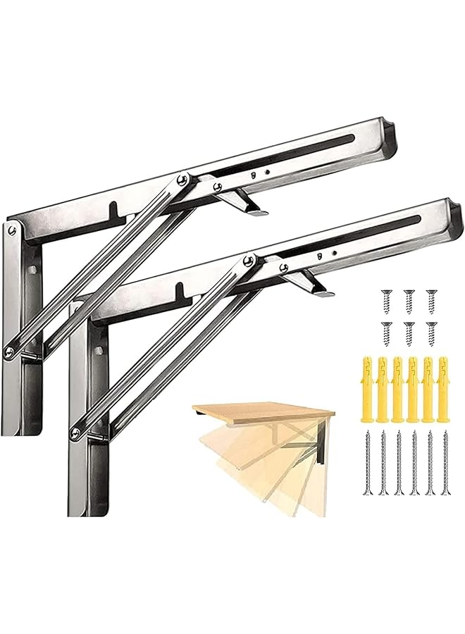 The Bros 12 Inch Folding Shelf Brackets, Pack of 2, Wall Mounted Triangle Bracket, Heavy Duty Stainless Steel Collapsible Shelf Bracket for for Shelf and Table Work Bench, Space Saving DIY Bracket - Image 1