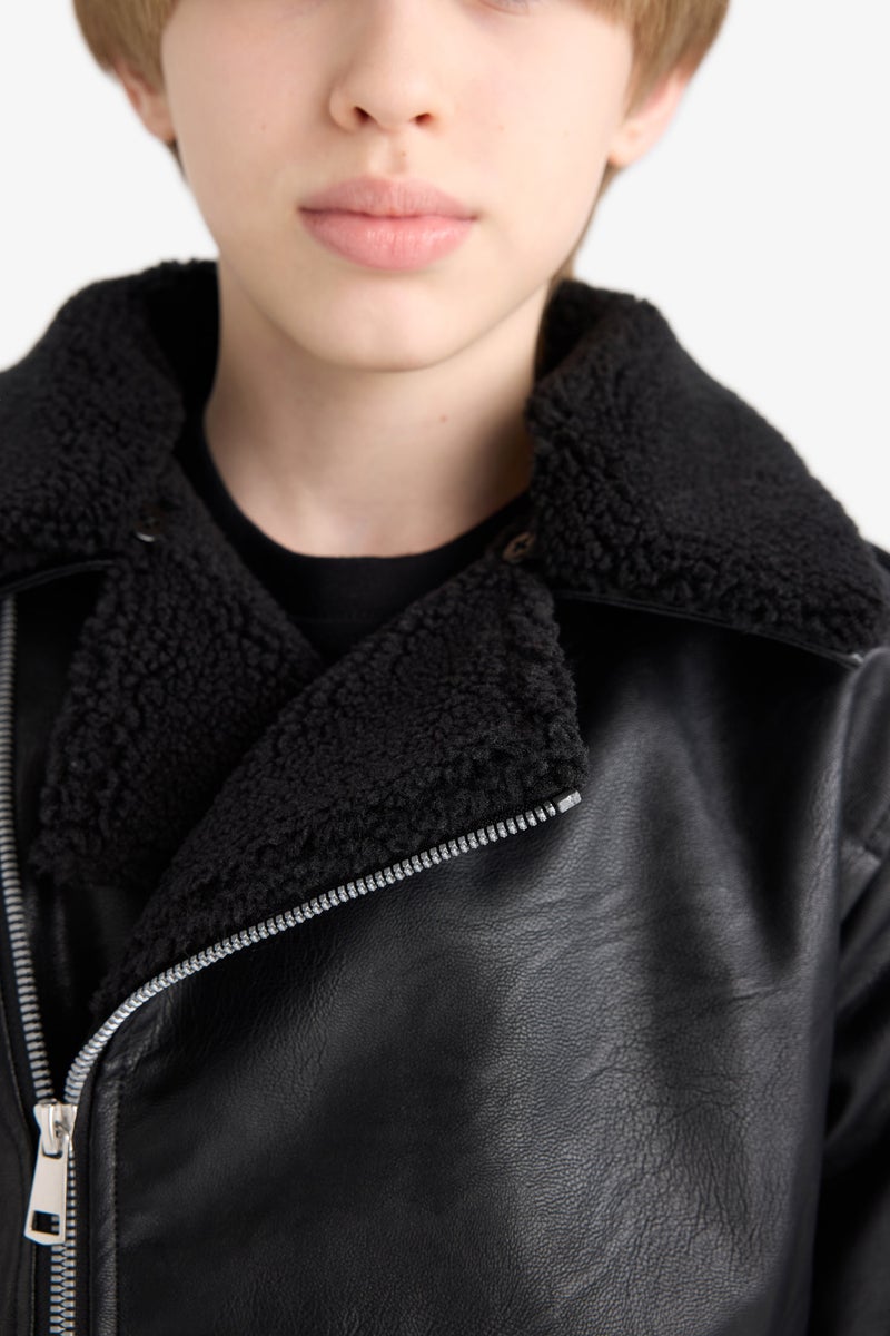 DeFacto Black Boy Zipper Water Repellent Plush Faux Leather Jacket Casual - Image 5