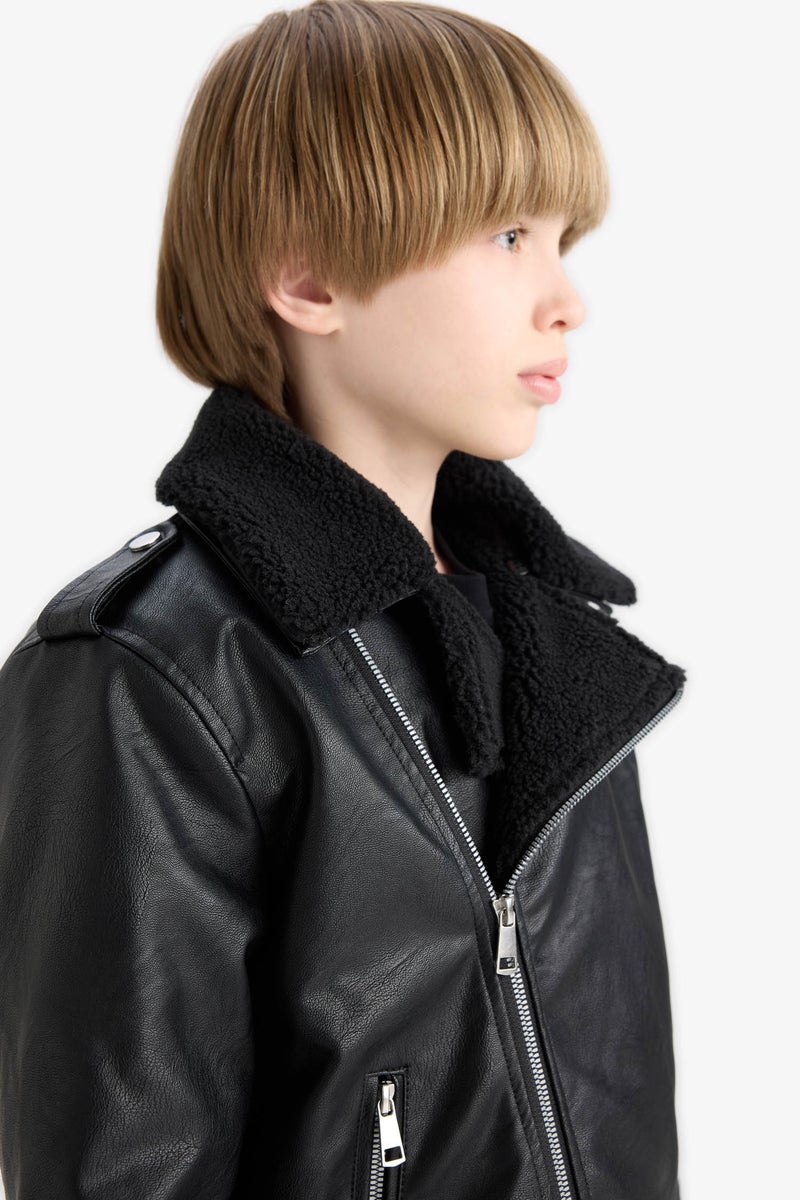 DeFacto Black Boy Zipper Water Repellent Plush Faux Leather Jacket Casual - Image 4