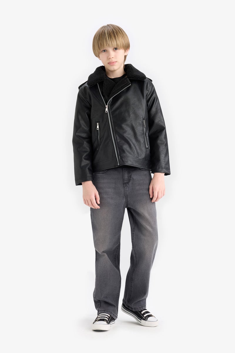 DeFacto Black Boy Zipper Water Repellent Plush Faux Leather Jacket Casual - Image 3