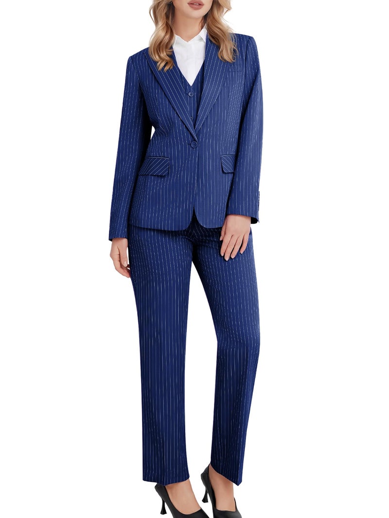 Kelyaa Women's 3 Piece Striped Suit Peak Lapel One Button Slim Fit Business Work Professional Blazer Jacket Vest Pants Set Navy Blue - Image 5