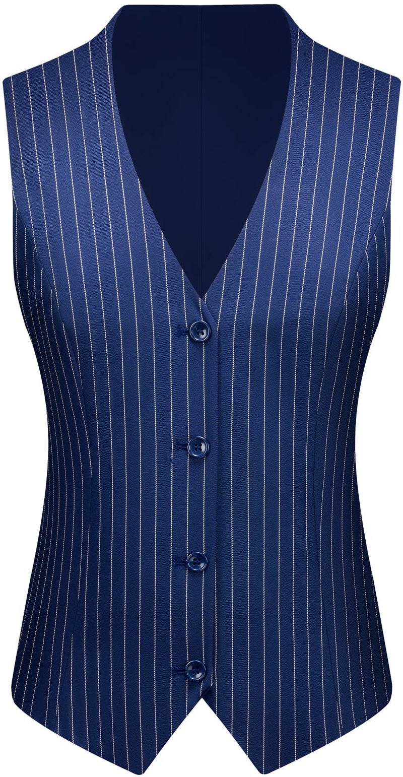 Kelyaa Women's 3 Piece Striped Suit Peak Lapel One Button Slim Fit Business Work Professional Blazer Jacket Vest Pants Set Navy Blue - Image 2