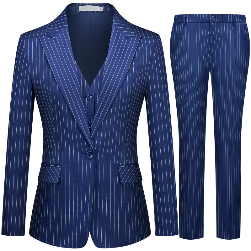 Kelyaa Women's 3 Piece Striped Suit Peak Lapel One Button Slim Fit Business Work Professional Blazer Jacket Vest Pants Set Navy Blue - Image 1