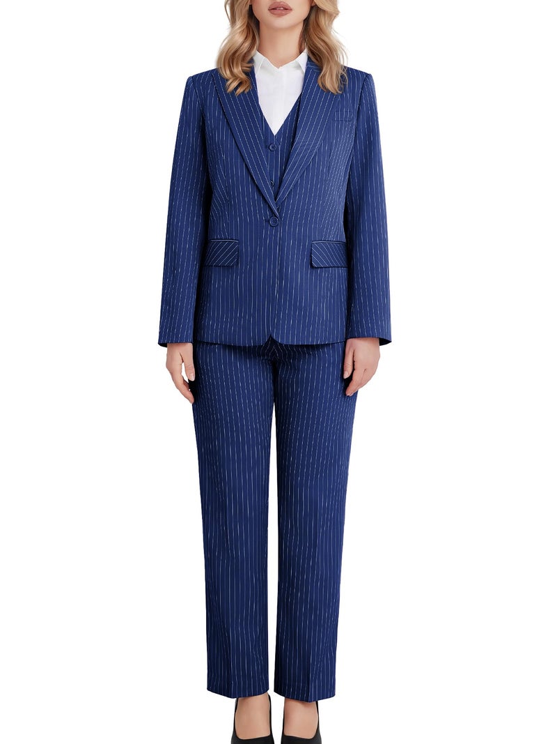 Kelyaa Women's 3 Piece Striped Suit Peak Lapel One Button Slim Fit Business Work Professional Blazer Jacket Vest Pants Set Navy Blue - Image 4