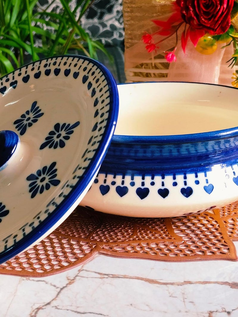 Niyara Stoneware Handmade Ceramic Handpainted CasseroleDonga Set Multipurpose Storage Ceramic Jars Containers with Lid Kitchen Storage Size Medium 650 ml Blue Berry - Image 3