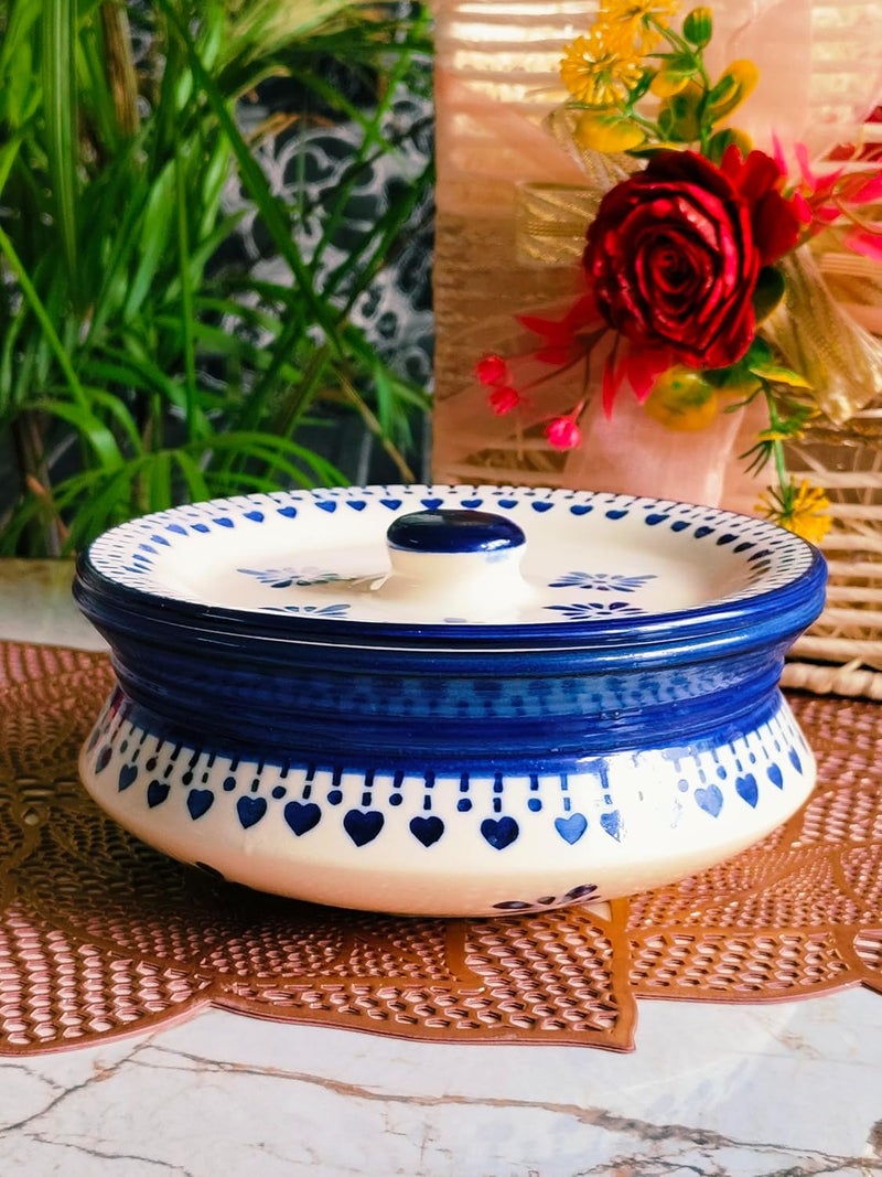 Niyara Stoneware Handmade Ceramic Handpainted CasseroleDonga Set Multipurpose Storage Ceramic Jars Containers with Lid Kitchen Storage Size Medium 650 ml Blue Berry - Image 4