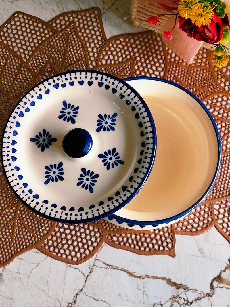 Niyara Stoneware Handmade Ceramic Handpainted CasseroleDonga Set Multipurpose Storage Ceramic Jars Containers with Lid Kitchen Storage Size Medium 650 ml Blue Berry - Image 2