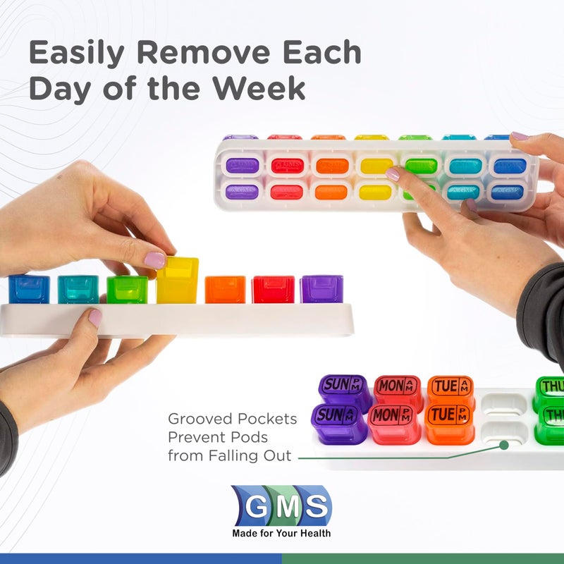 GMS Weekly Pill Organizer - 7 Day AM/PM Pop Out Pill Pods for Supplements, Vitamins & Medications - Ideal for Daily Use & Travel - Rainbow - Image 4