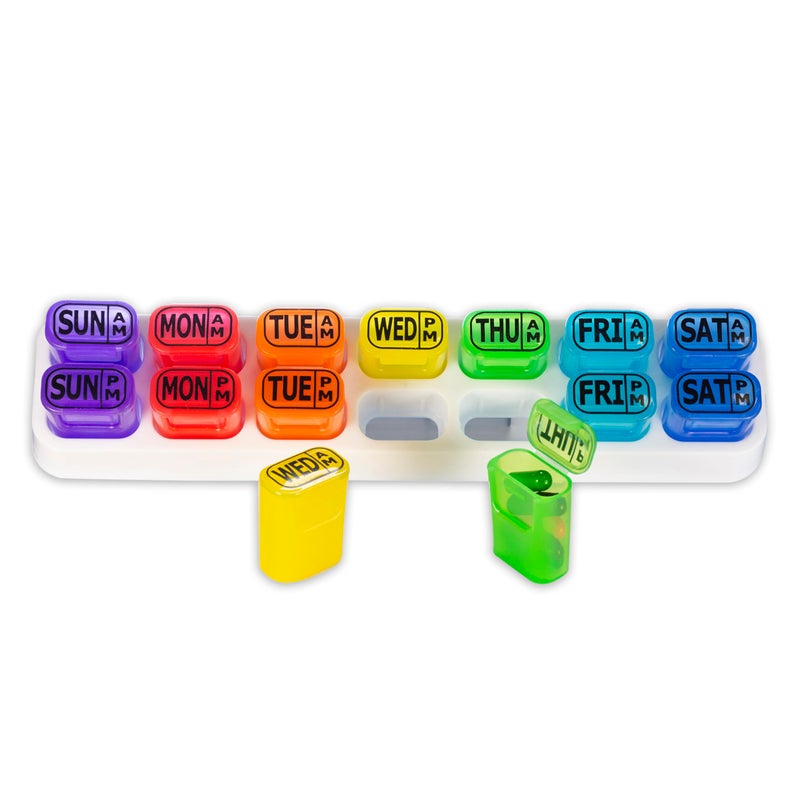 GMS Weekly Pill Organizer - 7 Day AM/PM Pop Out Pill Pods for Supplements, Vitamins & Medications - Ideal for Daily Use & Travel - Rainbow - Image 1
