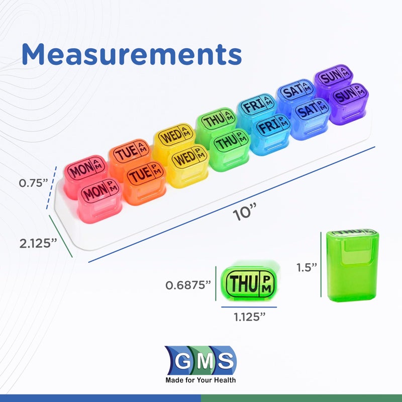 GMS Weekly Pill Organizer - 7 Day AM/PM Pop Out Pill Pods for Supplements, Vitamins & Medications - Ideal for Daily Use & Travel - Rainbow - Image 2