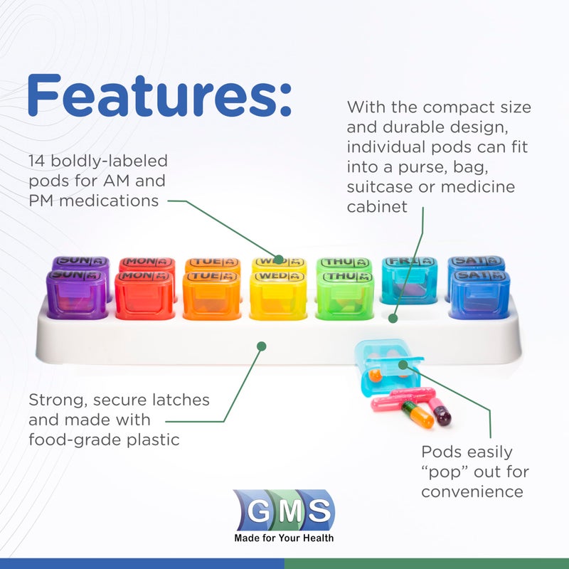 GMS Weekly Pill Organizer - 7 Day AM/PM Pop Out Pill Pods for Supplements, Vitamins & Medications - Ideal for Daily Use & Travel - Rainbow - Image 3
