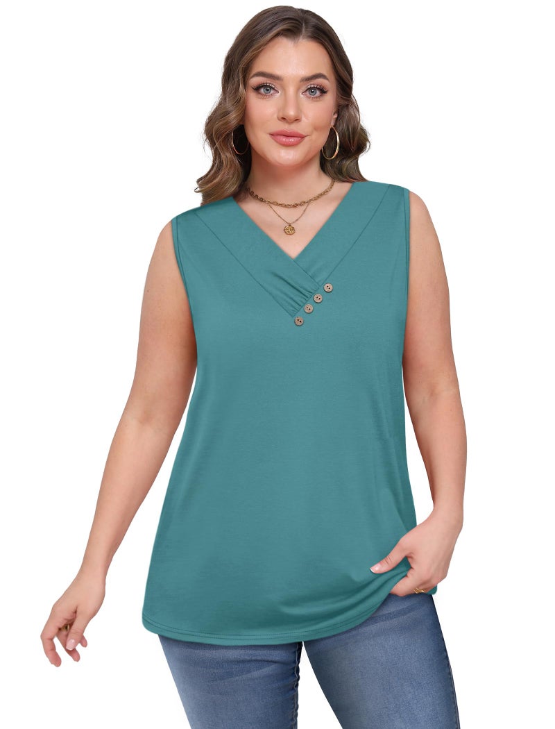 Sampeel Womens Tank Top Loose Fit Summer Sleeveless Resort Wear Dressy Casual Blouses V Neck Button Down T Shirts Button Down Shirts Blue L - Image 4