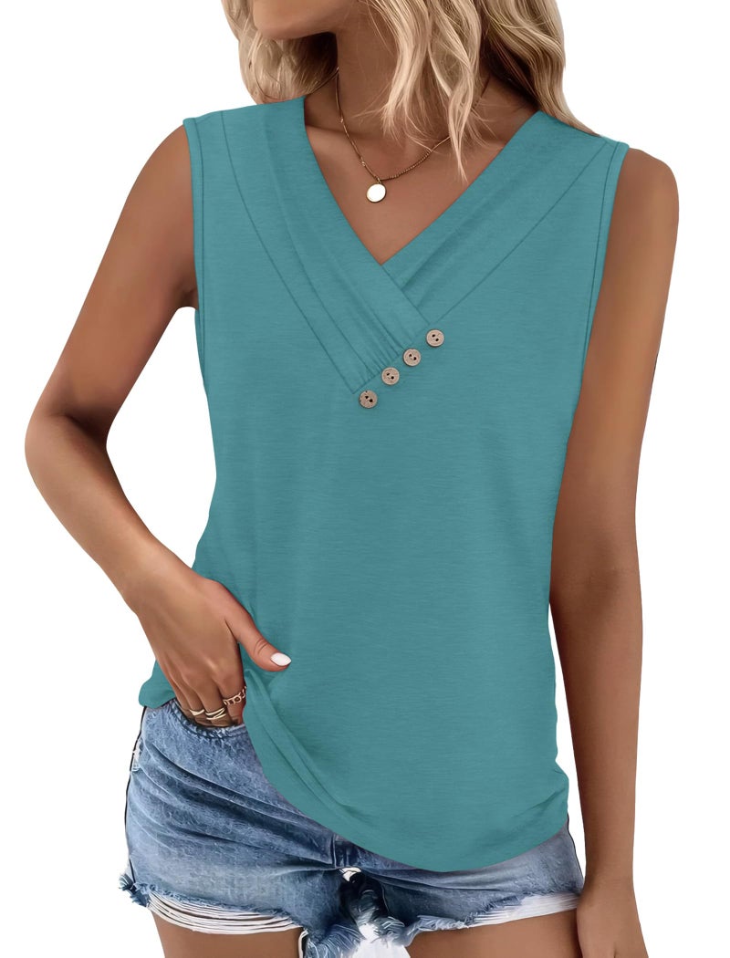 Sampeel Womens Tank Top Loose Fit Summer Sleeveless Resort Wear Dressy Casual Blouses V Neck Button Down T Shirts Button Down Shirts Blue L - Image 1