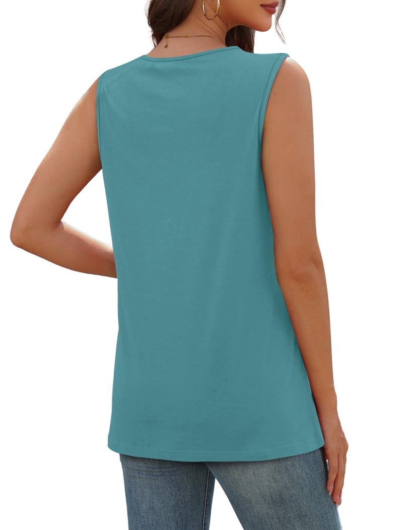 Sampeel Womens Tank Top Loose Fit Summer Sleeveless Resort Wear Dressy Casual Blouses V Neck Button Down T Shirts Button Down Shirts Blue L - Image 5