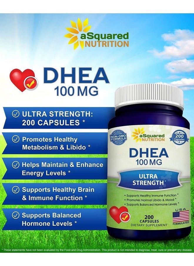 Dhea 100Mg Max Strength 200 Capsules To Promote Balanced Hormone Levels For Women  Men Natural Dhea Supplement Pills To Support Healthy Metabolism Libio Brain Immune Function  Pure Energy