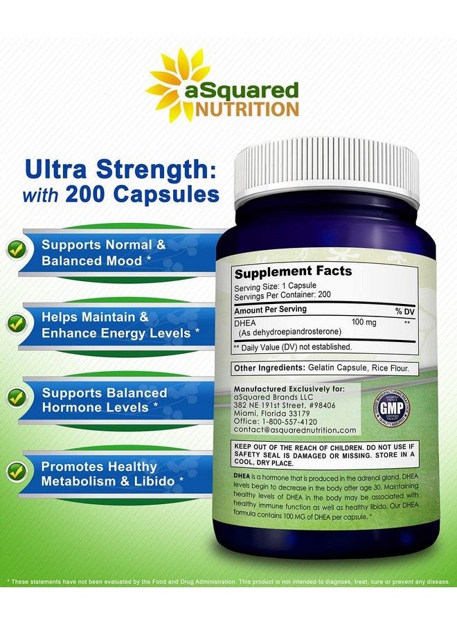 Dhea 100Mg Max Strength 200 Capsules To Promote Balanced Hormone Levels For Women  Men Natural Dhea Supplement Pills To Support Healthy Metabolism Libio Brain Immune Function  Pure Energy
