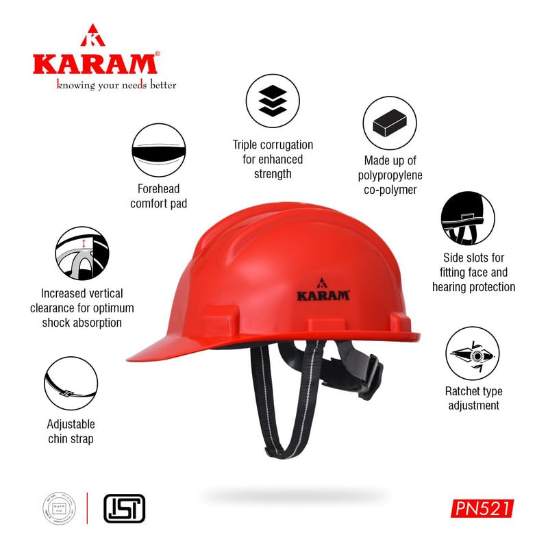 KARAM PN521 Safety Helmet for Men Construction Helmet | Ratchet Type Adjustment with Adjustable Chin Strap | Work Helmet with Side Slot for Attachment | is:2925:1984 Certified | Red - Image 5