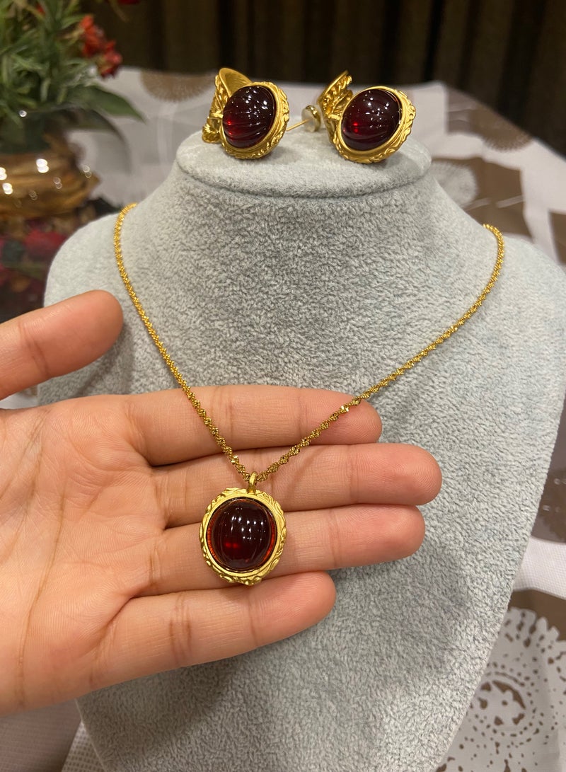 نيو ستايل طقم اكسسوارات نسائي فاخر وأنيق مكون من سلسال وحلق اذن مطلي باللون الذهبي عيار 18 - Image 4