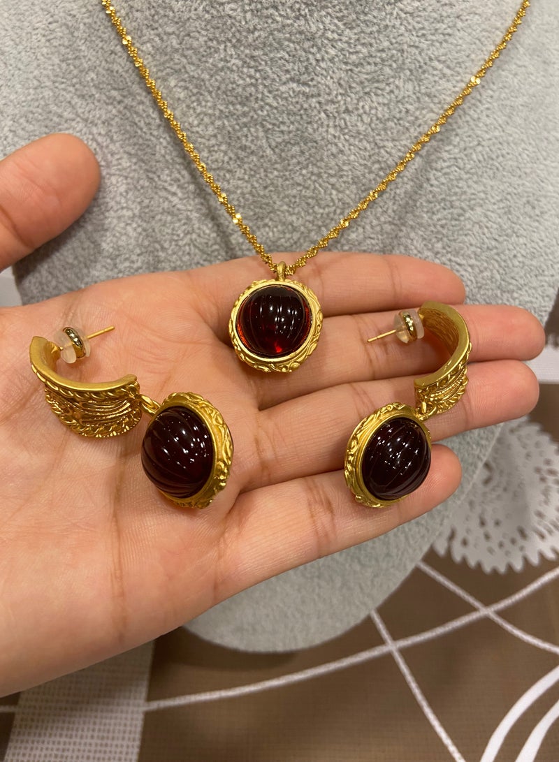 نيو ستايل طقم اكسسوارات نسائي فاخر وأنيق مكون من سلسال وحلق اذن مطلي باللون الذهبي عيار 18 - Image 5