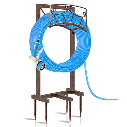 Gouisalin Garden Hose Holder Heavy Duty Metal Water Hose Holders Hose Stand with 5 Spikes Freestanding Hose Storage Rack Hose Hanger Holds 150ft Hose for Outside Yard Lawn Garden Decor - Image 1