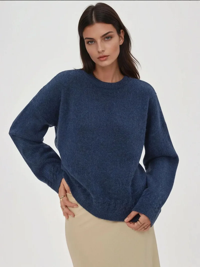 HICCUP Oxford Blue Braiding Detailed Textured Crew Neck Sweater for Women | Best Price UAE