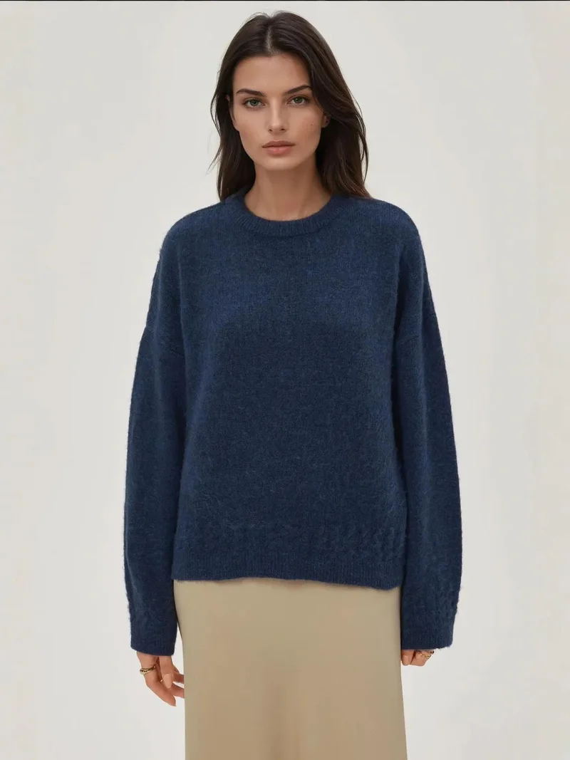 HICCUP Oxford Blue Braiding Detailed Textured Crew Neck Sweater for Women | Best Price UAE