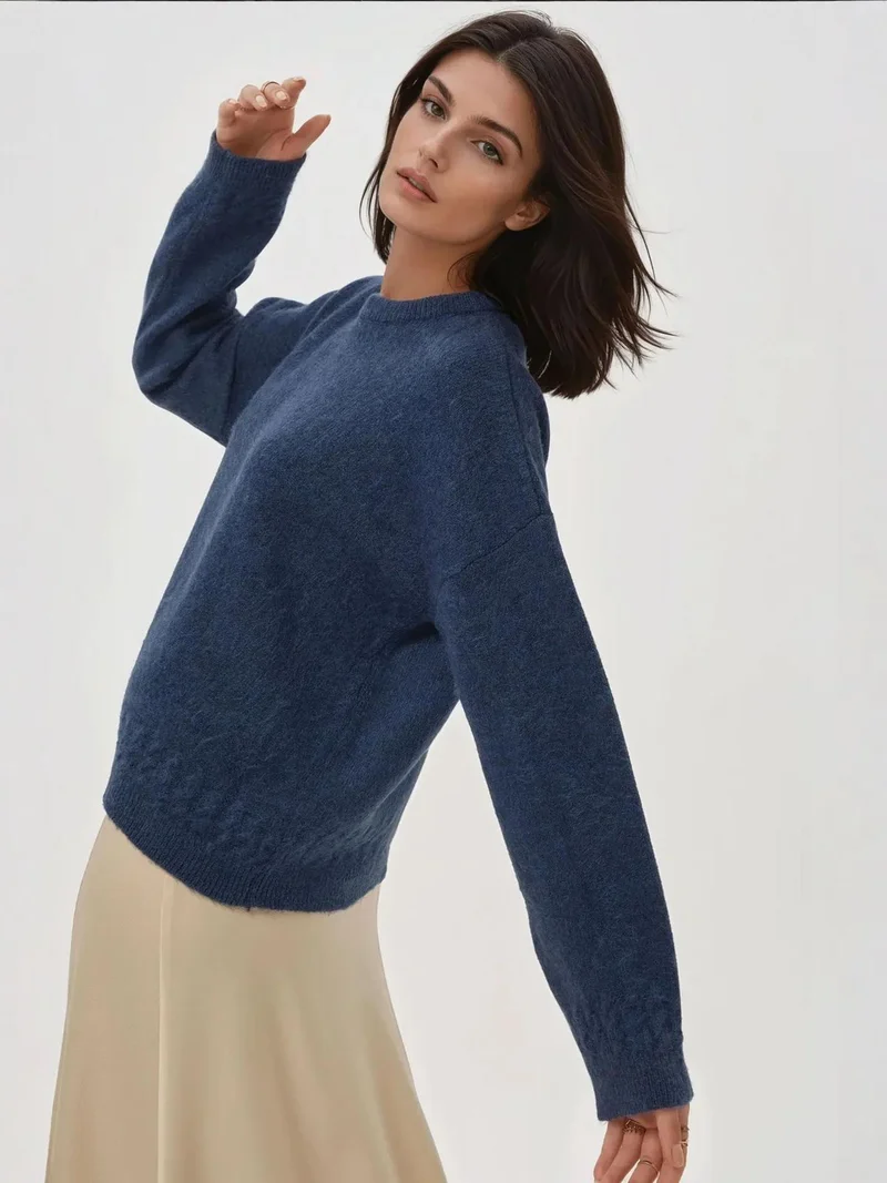 HICCUP Oxford Blue Braiding Detailed Textured Crew Neck Sweater for Women | Best Price UAE