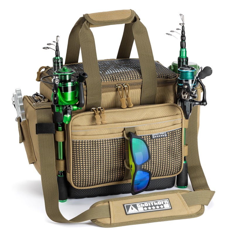 Ghosthorn Fishing Tackle Bag with Rod Holder Saltwater Freshwater Resistant Tackle Box Bag Waterproof Base Adjustable Padded Shoulder Strap Khaki - Image 2
