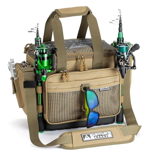 Ghosthorn Fishing Tackle Bag with Rod Holder Saltwater Freshwater Resistant Tackle Box Bag Waterproof Base Adjustable Padded Shoulder Strap Khaki - Image 1
