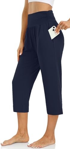 UEU Women's High Waisted Capri Summer Casual Loose Fit Plus Size Yoga Pants Comfy Lounge Capris Sweatpants with Pockets(Navy,2XL) - Image 2