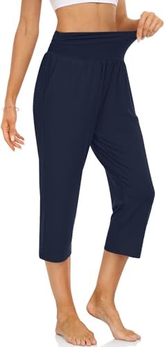 UEU Women's High Waisted Capri Summer Casual Loose Fit Plus Size Yoga Pants Comfy Lounge Capris Sweatpants with Pockets(Navy,2XL) - Image 3