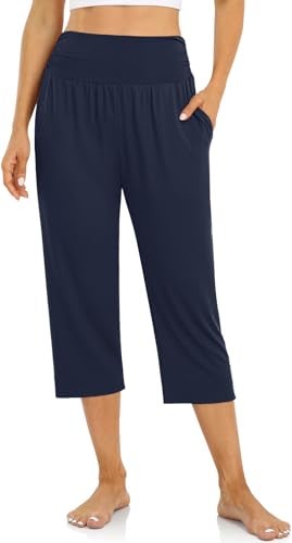 UEU Women's High Waisted Capri Summer Casual Loose Fit Plus Size Yoga Pants Comfy Lounge Capris Sweatpants with Pockets(Navy,2XL) - Image 1