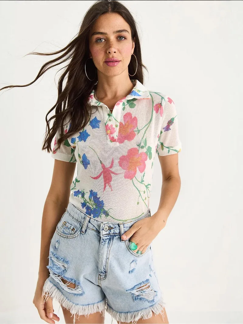 Bianco Lucci LUCCI Flowery Polo Shirt Blouse
