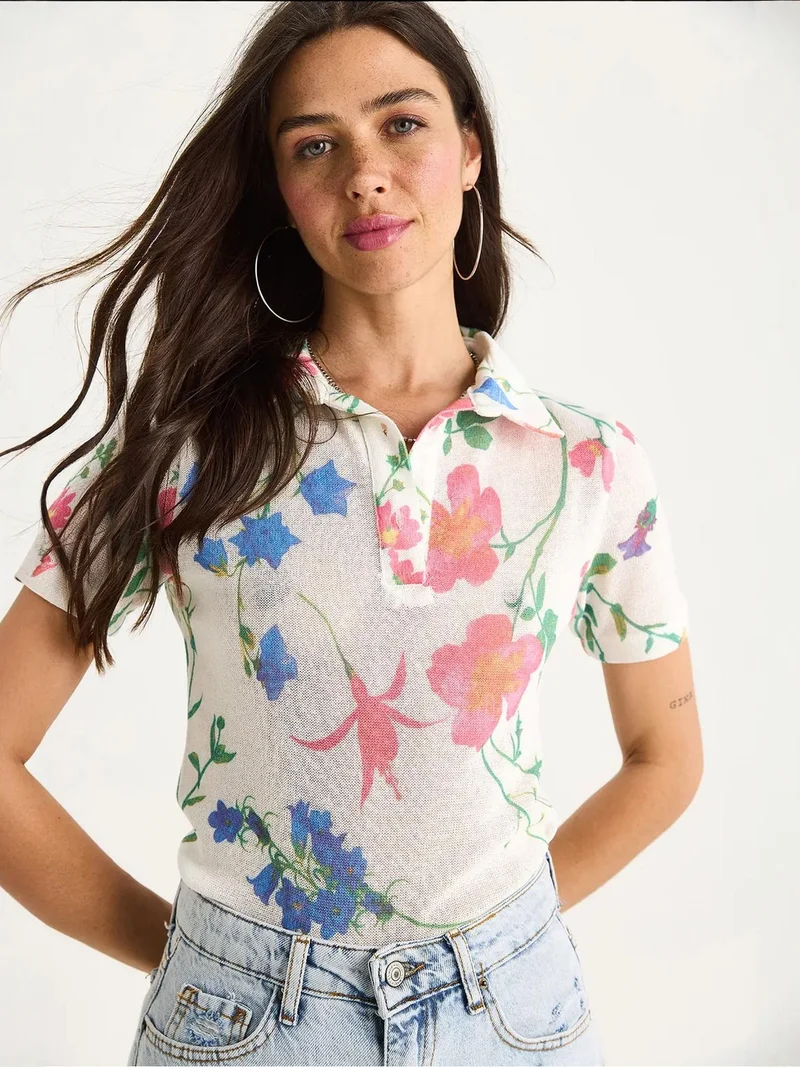 Bianco Lucci LUCCI Flowery Polo Shirt Blouse