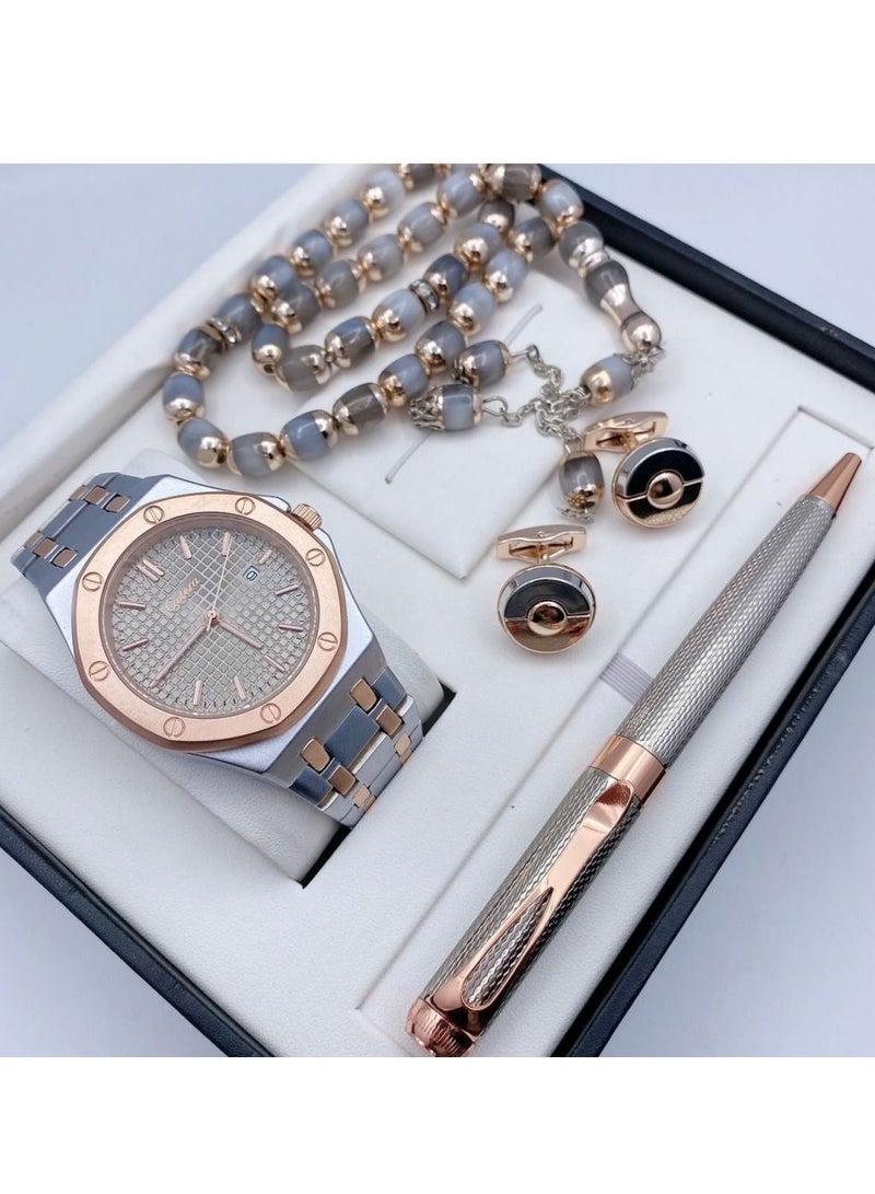 A high-quality, elegant men's watch gift set from Catery, a silver bracelet with a Bronze bracelet and a grey dial with the date display