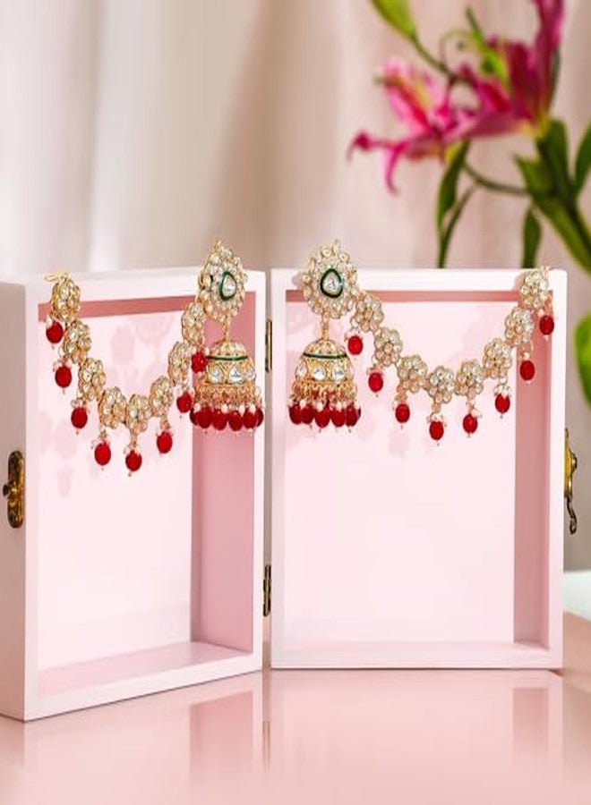 Rubans Womens 22K Gold-Plated Kundan Studded Kan Chain Earrings with Red Beads & Green Enamel Detailing - Image 3