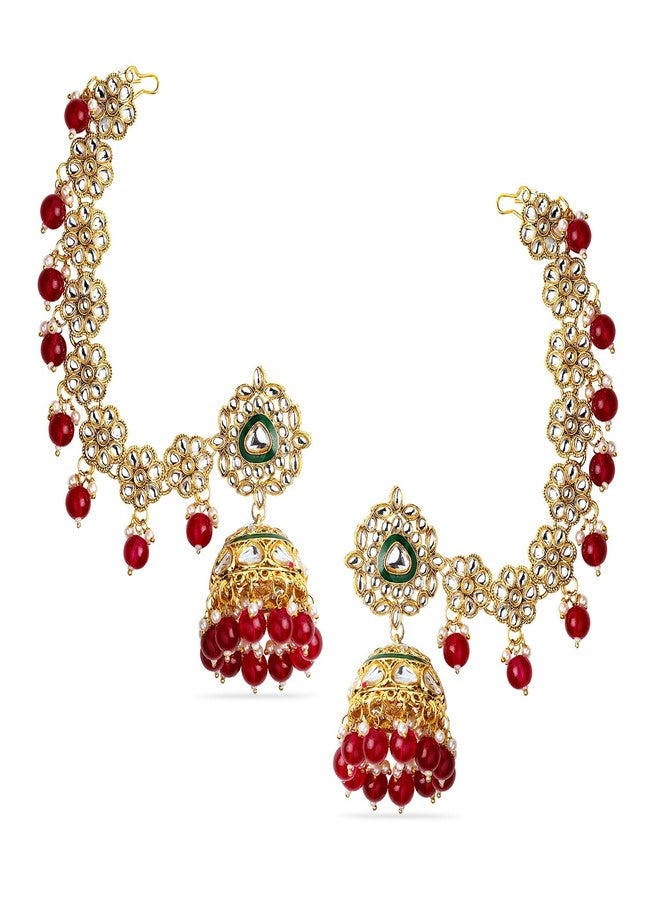 Rubans Womens 22K Gold-Plated Kundan Studded Kan Chain Earrings with Red Beads & Green Enamel Detailing - Image 1