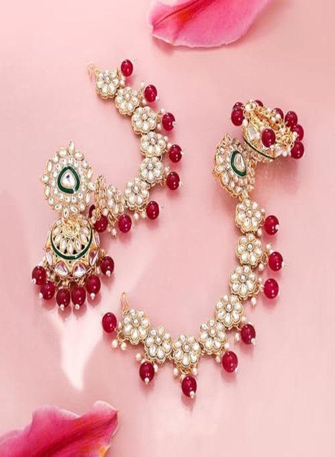 Rubans Womens 22K Gold-Plated Kundan Studded Kan Chain Earrings with Red Beads & Green Enamel Detailing - Image 4