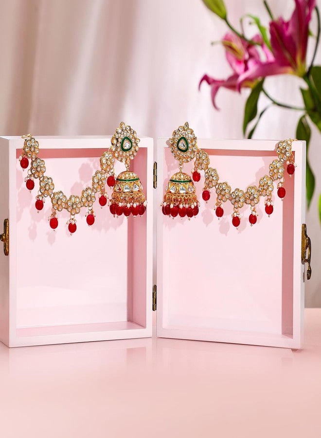 Rubans Womens 22K Gold-Plated Kundan Studded Kan Chain Earrings with Red Beads & Green Enamel Detailing - Image 2